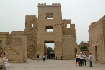 The 'migdol' tower gateway into the temple enclosure of Medinet Habu. The 'harem' is on the level of the first floor window.